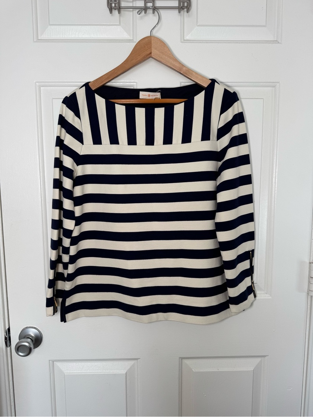 Tory Burch Navy Ivory Striped Boat Neck Top Gold Zip Cuffs XL